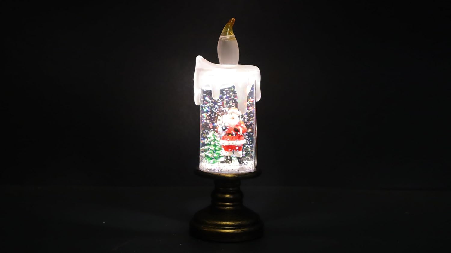 LED Christmas Snow Globe Candle, Flameless Battery Operated, Decorative Holiday Display with Gold Base, 15.5cm Height x 5.5cm Diameter