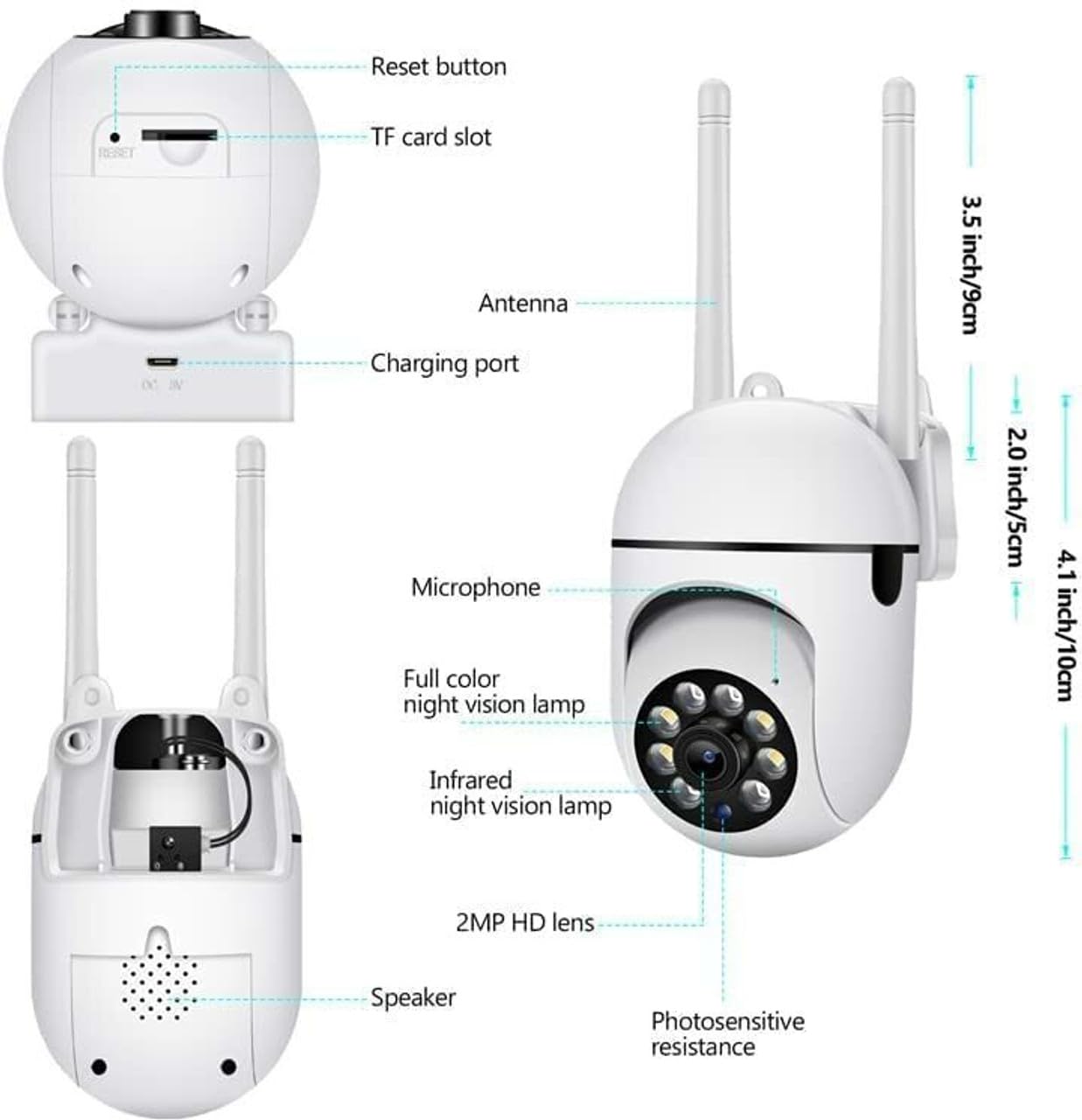 Smart Outdoor Security Camera, 2MP HD WiFi PTZ Camera with Color Night Vision, Two-Way Audio, Motion Detection, Mobile App Control, TF Card Storage