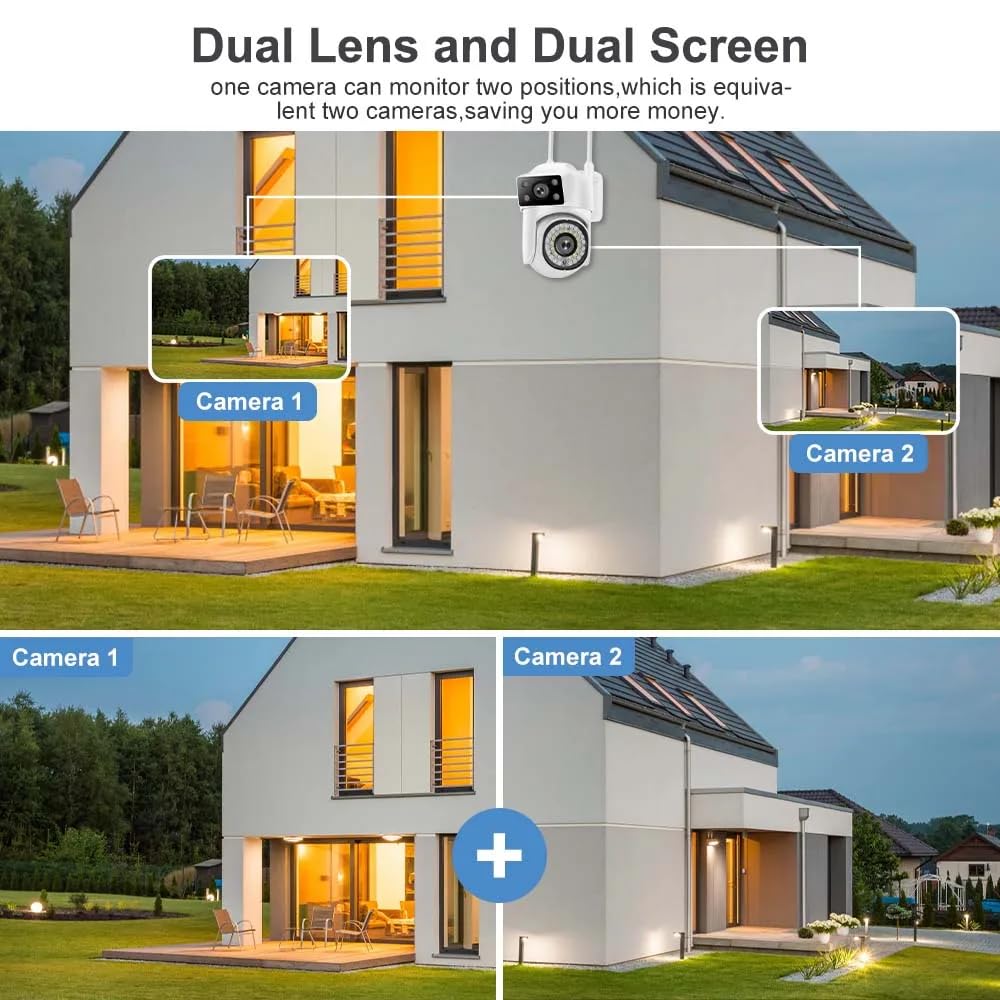 8MP HD WiFi Security Camera, Dual Camera System with 355° Pan 90° Tilt, IP65 Waterproof, Motion Detection, Two-Way Voice, Cloud Storage, Night Vision