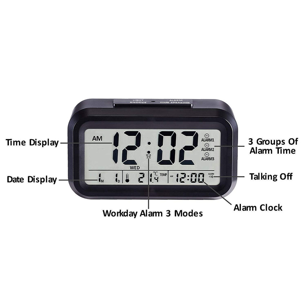 Digital Alarm Clock with Smart Sensor, LCD Display, Temperature, Date, Snooze Function, Battery Operated, Black