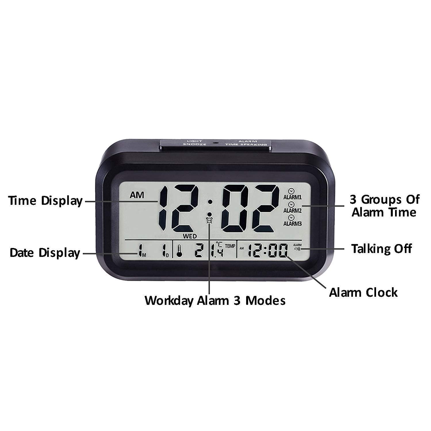 Digital Alarm Clock with Smart Sensor, LCD Display, Temperature, Date, Snooze Function, Battery Operated, Black
