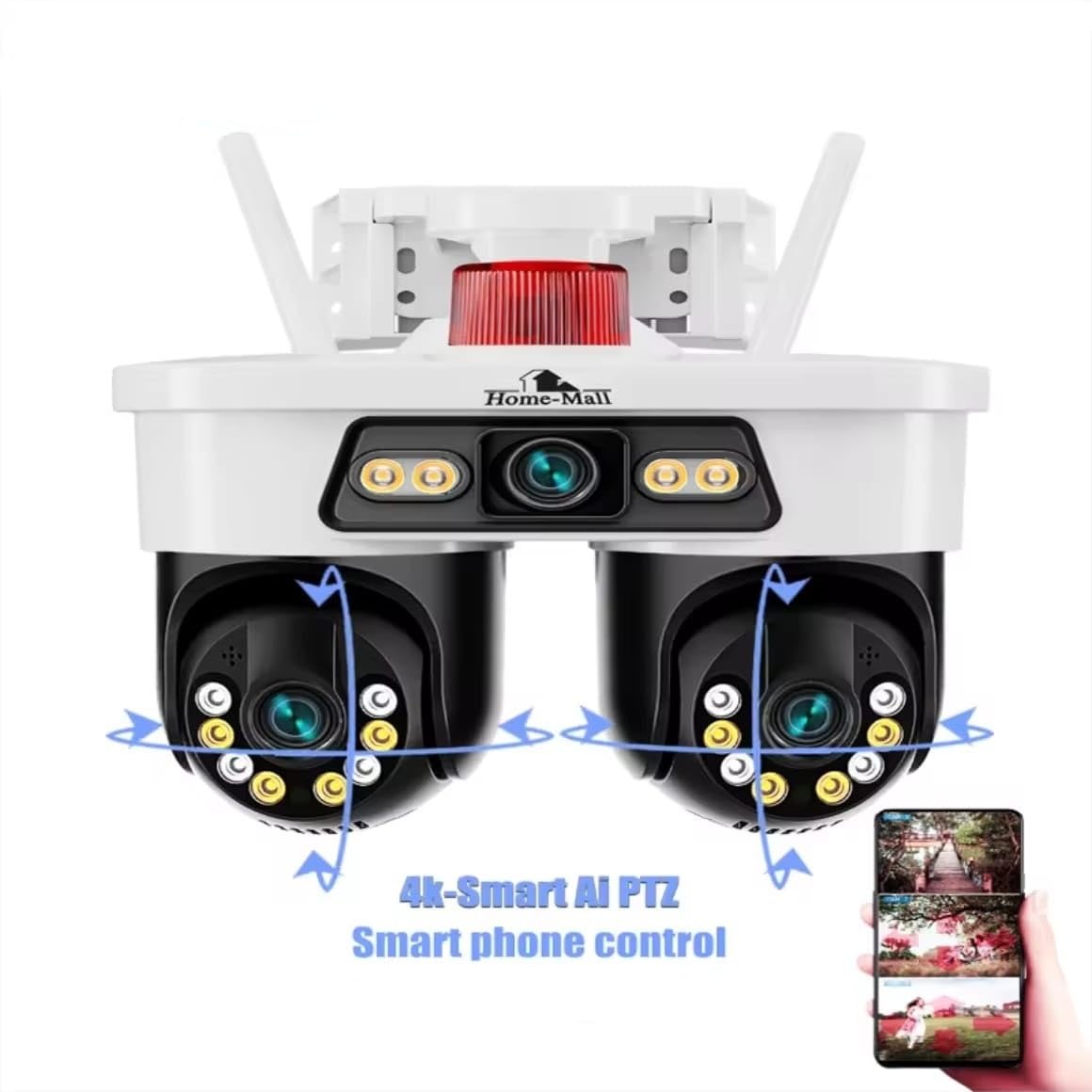 Home-Mall Dual-Lens Security Camera, PTZ Outdoor Indoor CCTV, LED Night Vision, White