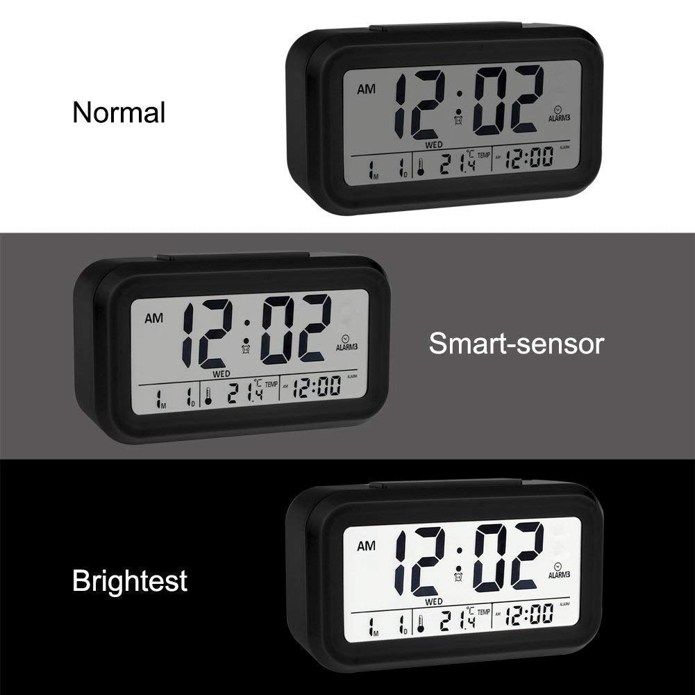 Digital Alarm Clock with Smart Sensor, LCD Display, Temperature, Date, Snooze Function, Battery Operated, Black