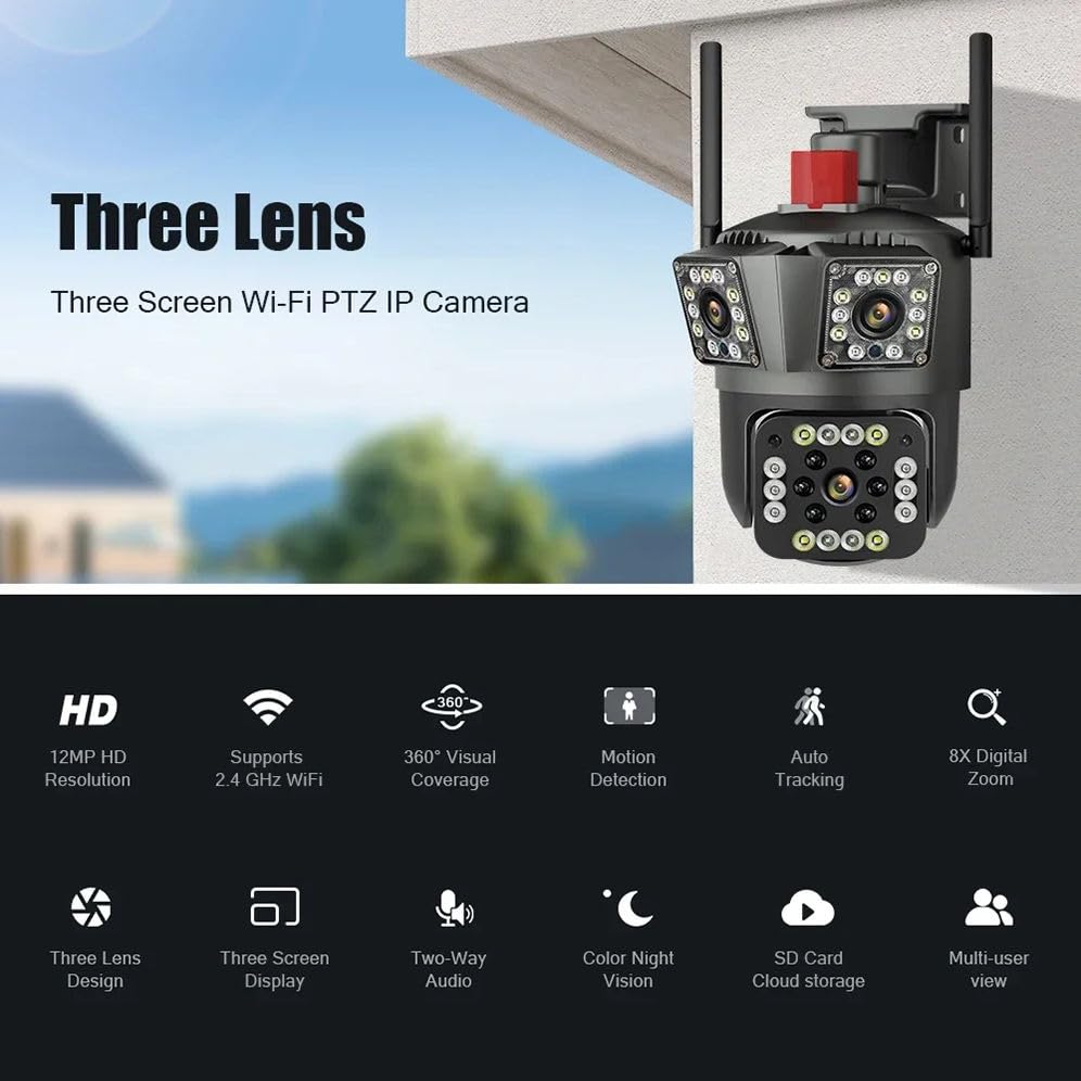 Three Lens Outdoor WiFi Security Camera, HD 12MP PTZ with 360° Coverage, Motion Detection, Night Vision, Two-Way Audio, Cloud Storage, Multi-User Access, IP66 Waterproof