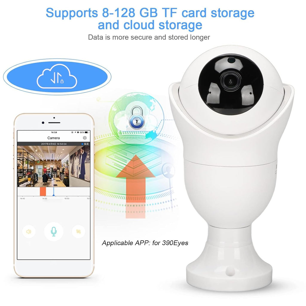 360° Panoramic Security Camera Light Bulb, E27 WiFi Smart Surveillance Camera with Night Vision, Motion Detection, Two-Way Audio, Cloud Storage Support