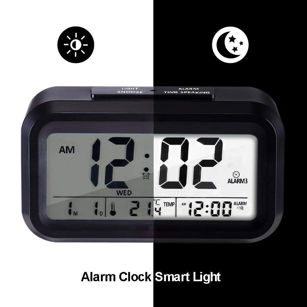 Digital Alarm Clock with Smart Sensor, LCD Display, Temperature, Date, Snooze Function, Battery Operated, Black