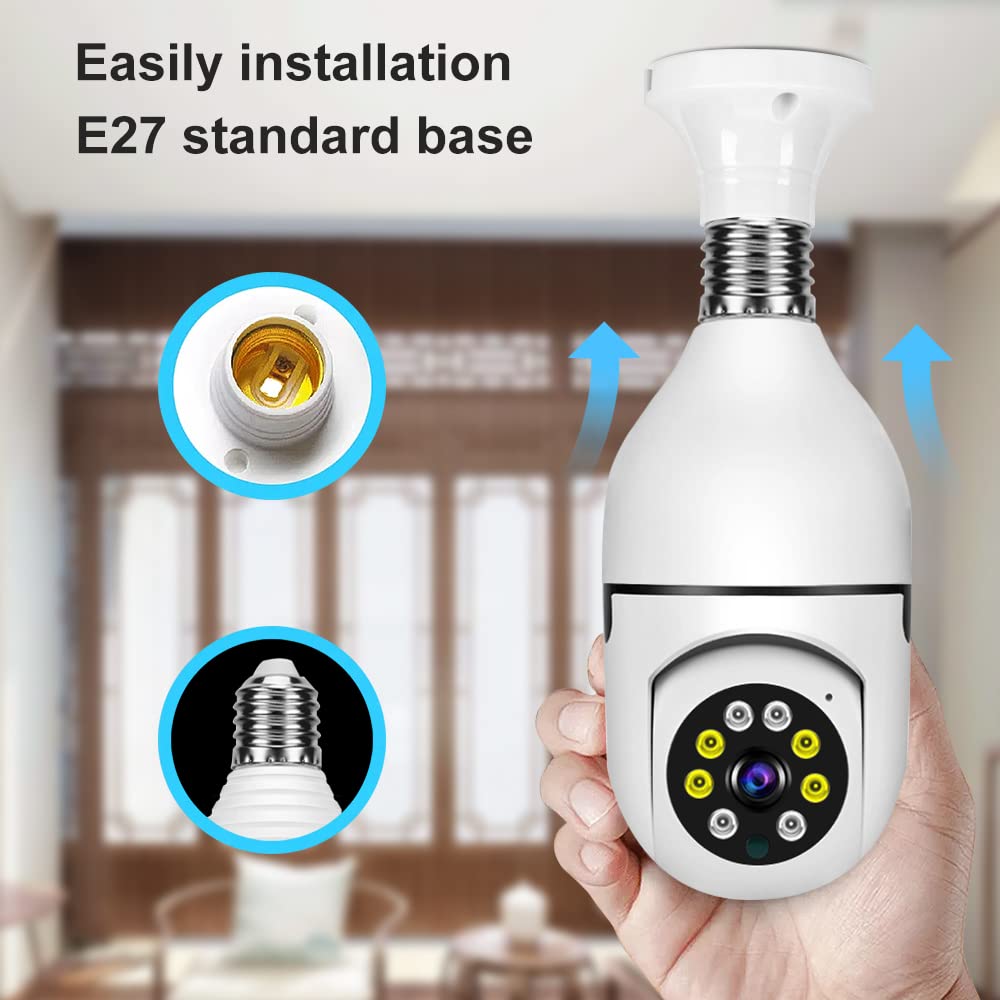 360-Degree Panoramic Security Bulb Camera, 1080P Full-HD PTZ with E27 Base, Night Vision, Motion Detection, Two-Way Audio, WiFi Surveillance Camera for Home Security