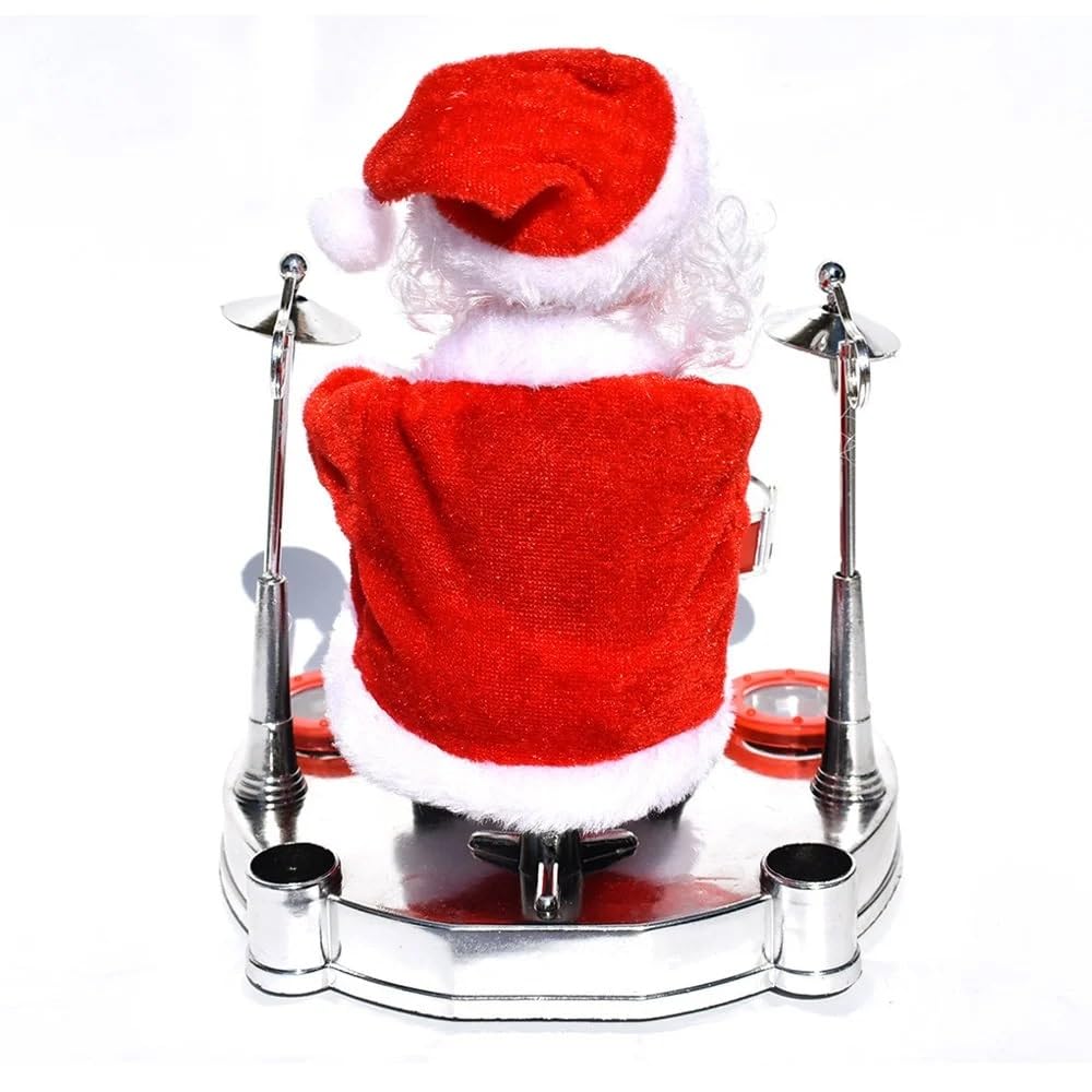 Musical Santa Claus Figurine, Animated Christmas Decoration with Drum Set and Guitar, Electric Powered Holiday Music Box, Red and White, 20 cm Height, for Indoor Display (Drum)