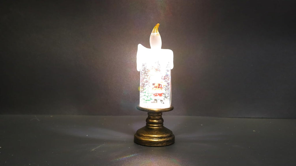 LED Christmas Snow Globe Candle, Flameless Battery Operated, Decorative Holiday Display with Gold Base, 15.5cm Height x 5.5cm Diameter