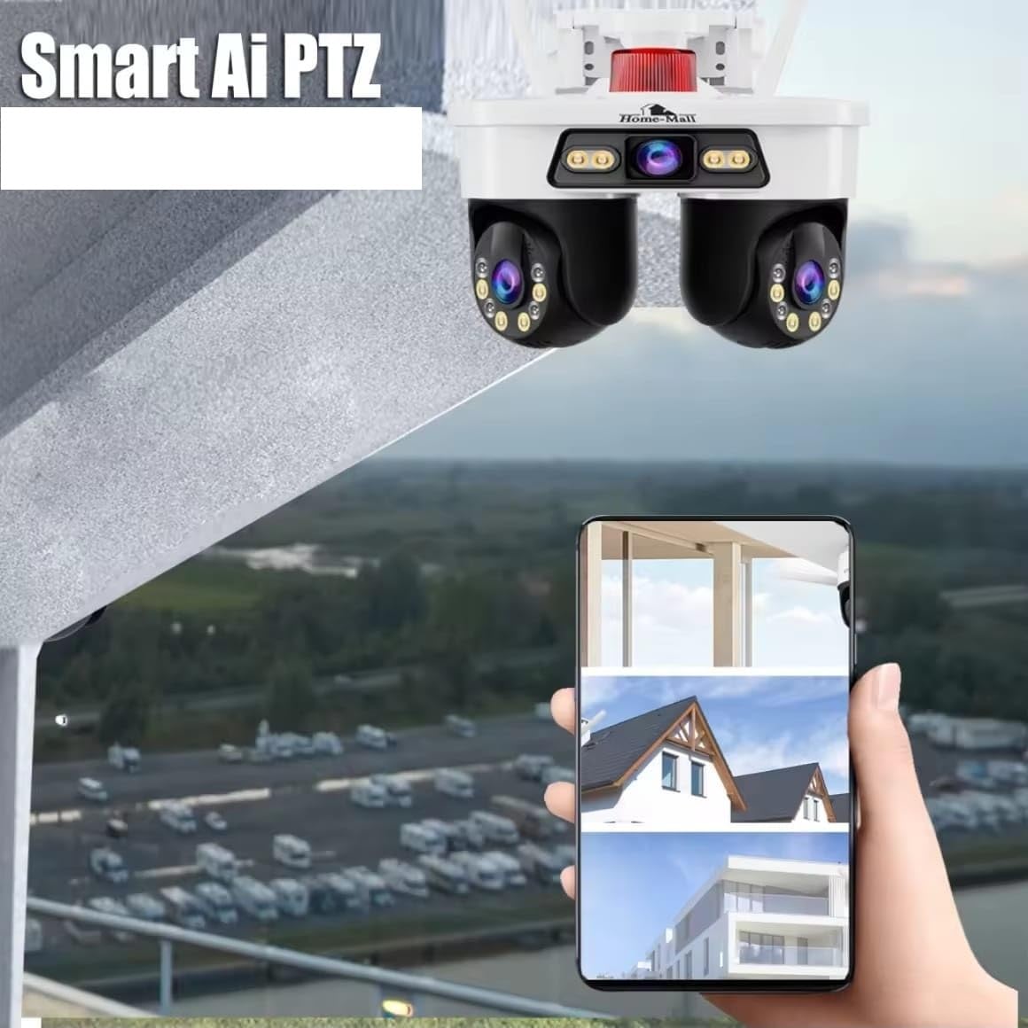 Home-Mall Dual-Lens Security Camera, PTZ Outdoor Indoor CCTV, LED Night Vision, White