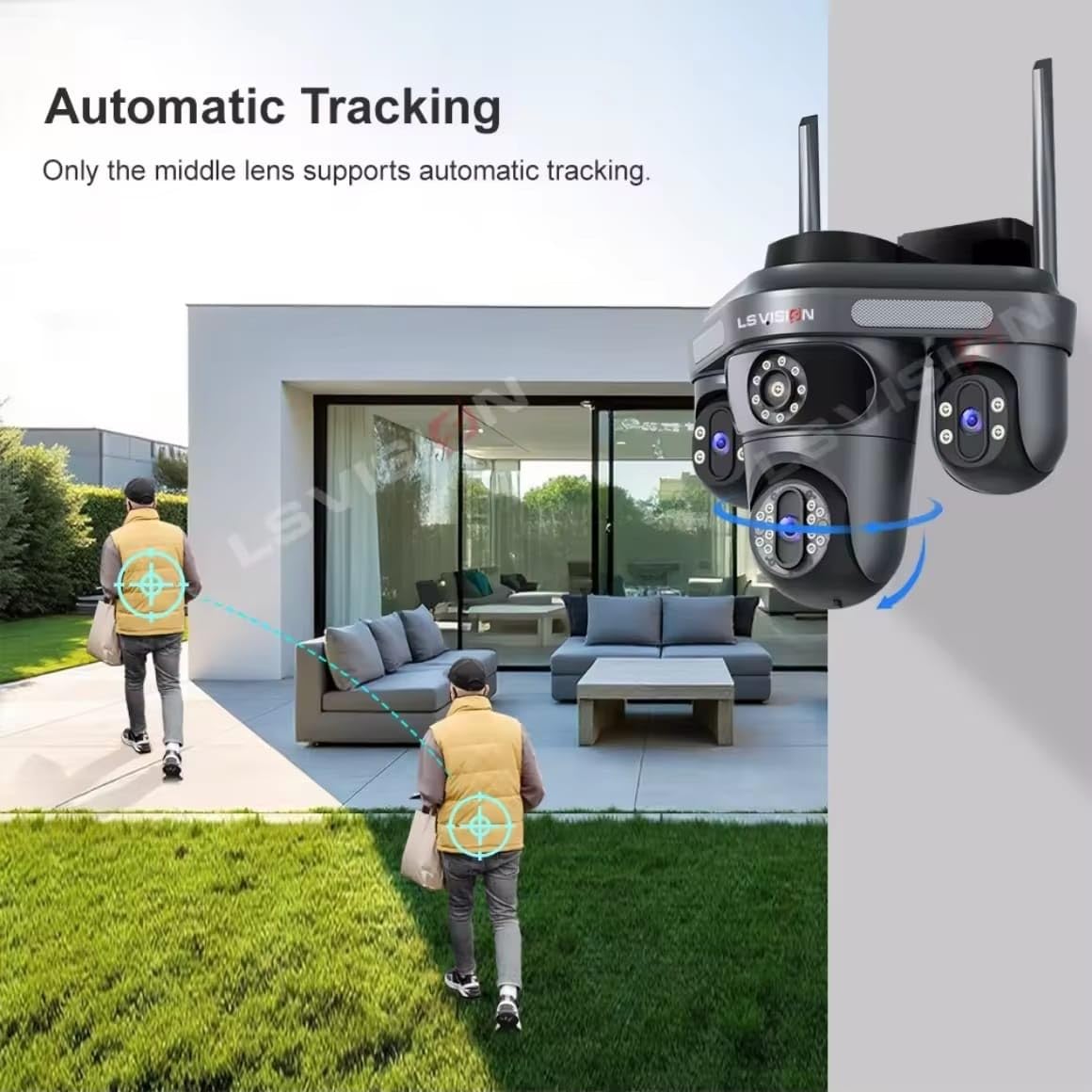 LS Vision Outdoor Security Camera, Triple Lens System, Full Colour Night Vision, Motion Detection, Smartphone App Control