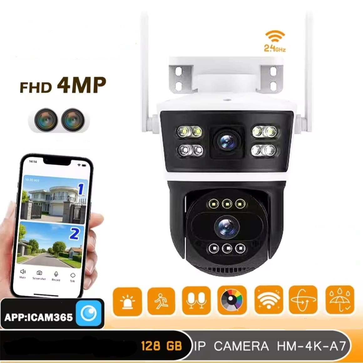 4MP FHD Outdoor Security Camera, WiFi 2.7GHz, 128GB Storage, Night Vision, App Control, Weather Resistant