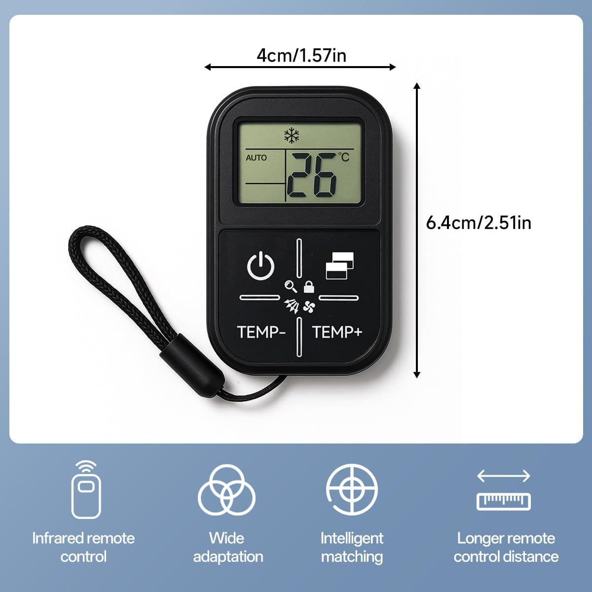 Universal Mini Air Conditioner Remote Control with LCD Display, Infrared Wireless Temperature Controller, Portable Compact Design, Auto Code Search Function, Black