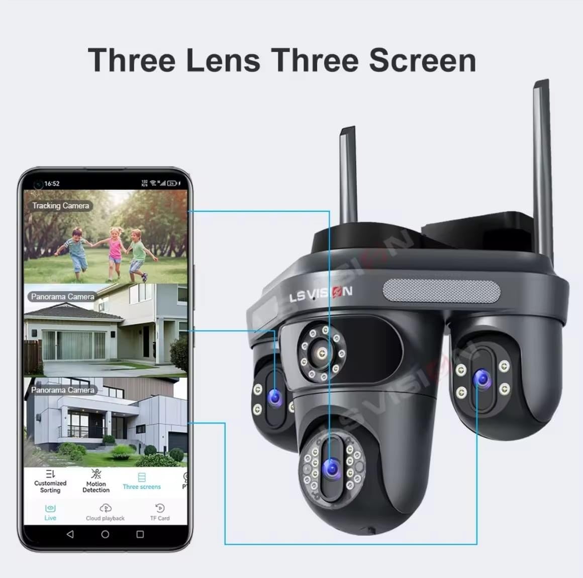 LS Vision Outdoor Security Camera, Triple Lens System, Full Colour Night Vision, Motion Detection, Smartphone App Control