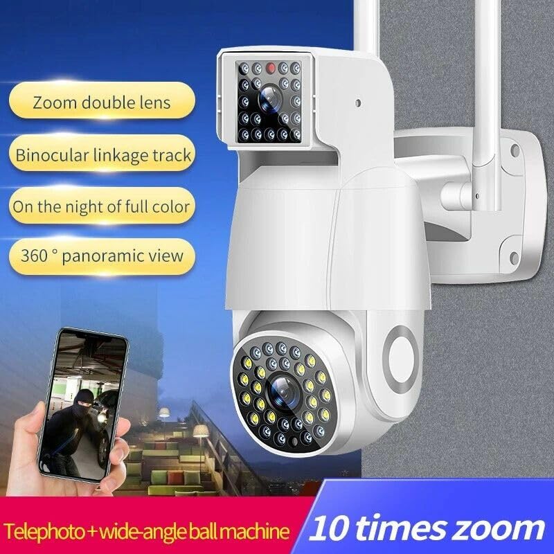 Dual Lens PTZ Security Camera with 10x Zoom, 360° Panoramic View, Full Color Night Vision, Two-Way Audio, Motion Detection, WiFi Outdoor Surveillance Camera