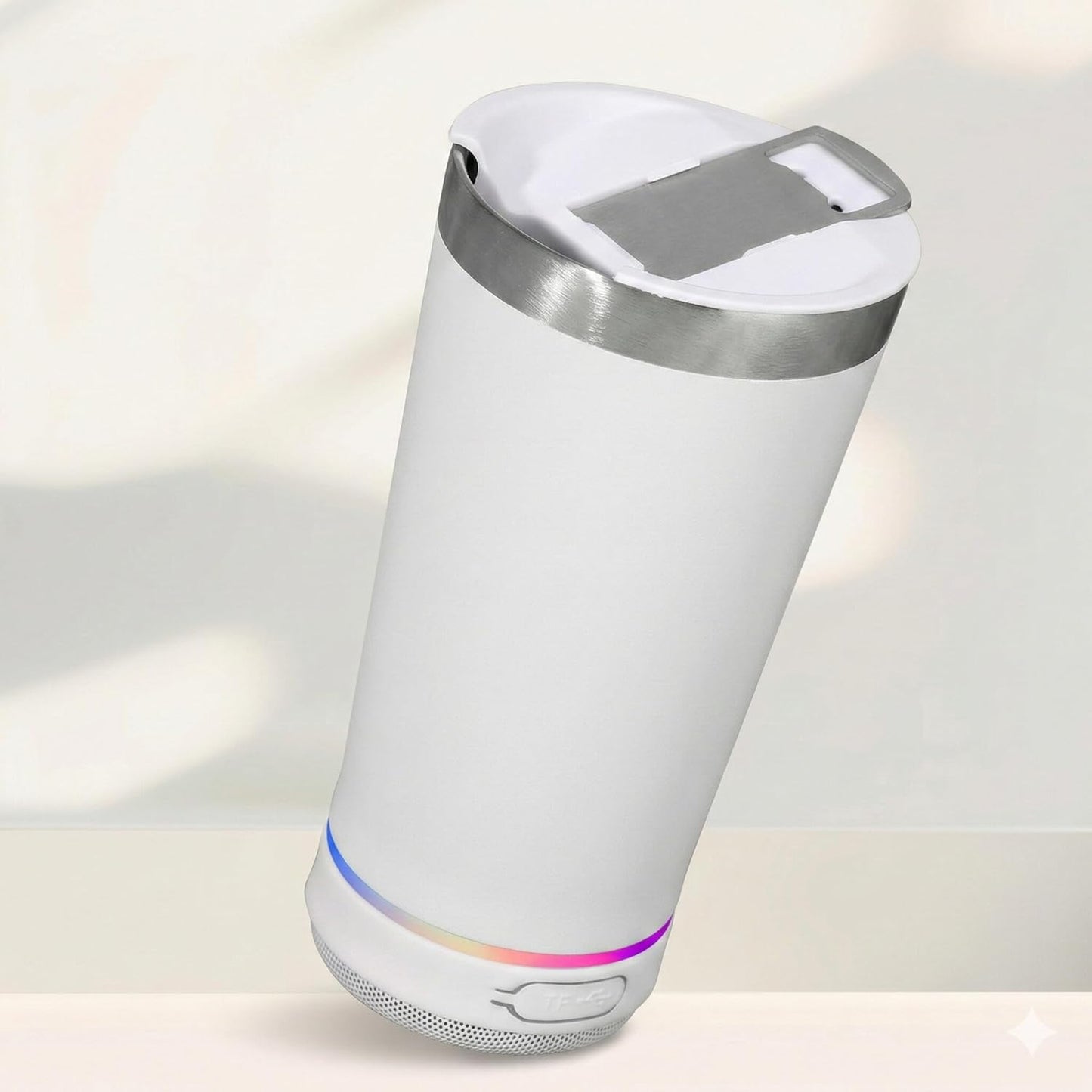 Wireless Music Tumbler, 2-in-1 Portable Bluetooth Speaker and Insulated Beverage Cup with Integrated RGB Lighting and Hands-Free Calling, White