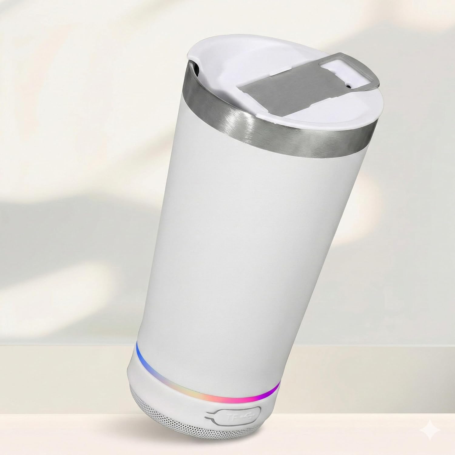 Wireless Music Tumbler, 2-in-1 Portable Bluetooth Speaker and Insulated Beverage Cup with Integrated RGB Lighting and Hands-Free Calling, White