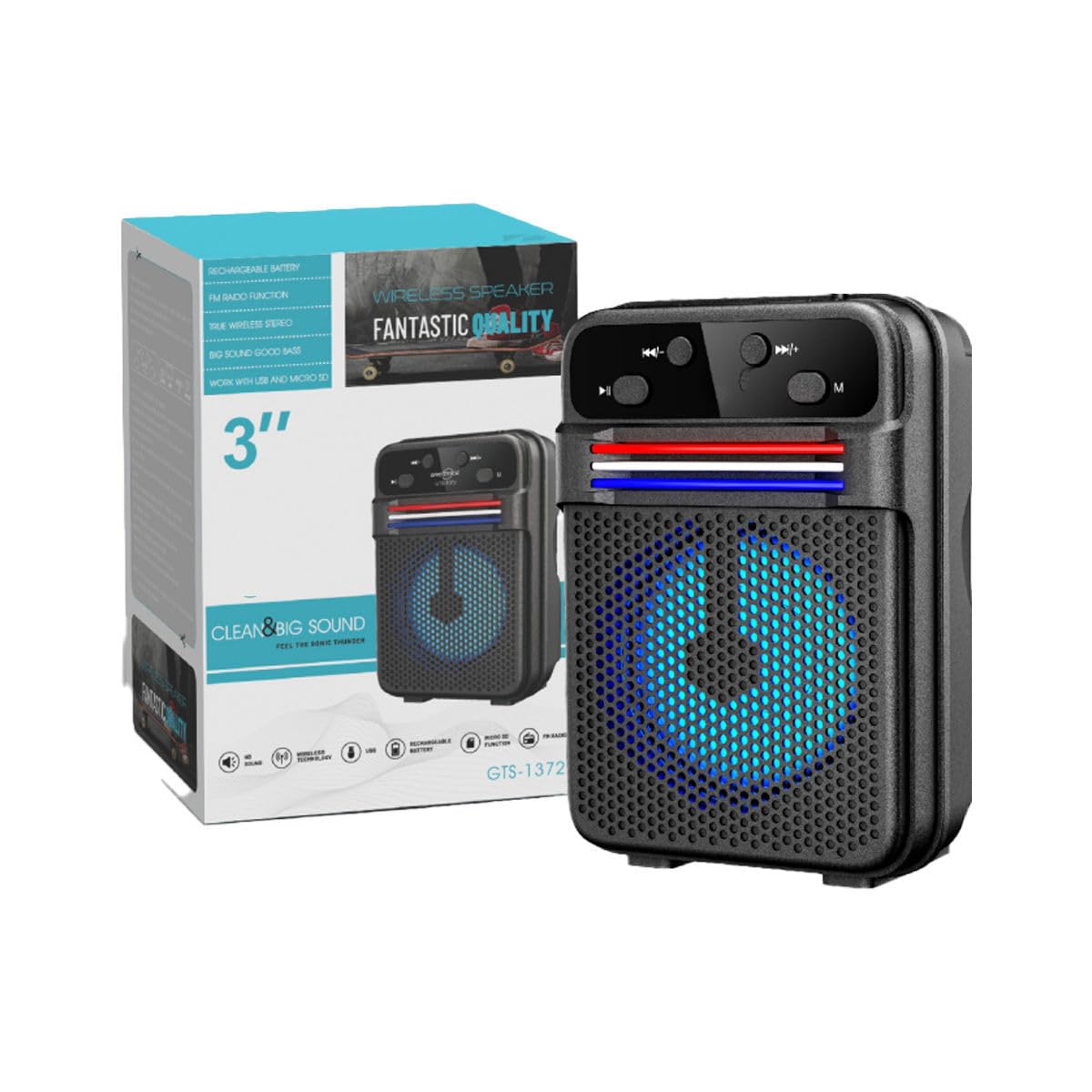 Portable Bluetooth Wireless Speaker with LED Lights, Rechargeable Battery, 3 Inch, Black
