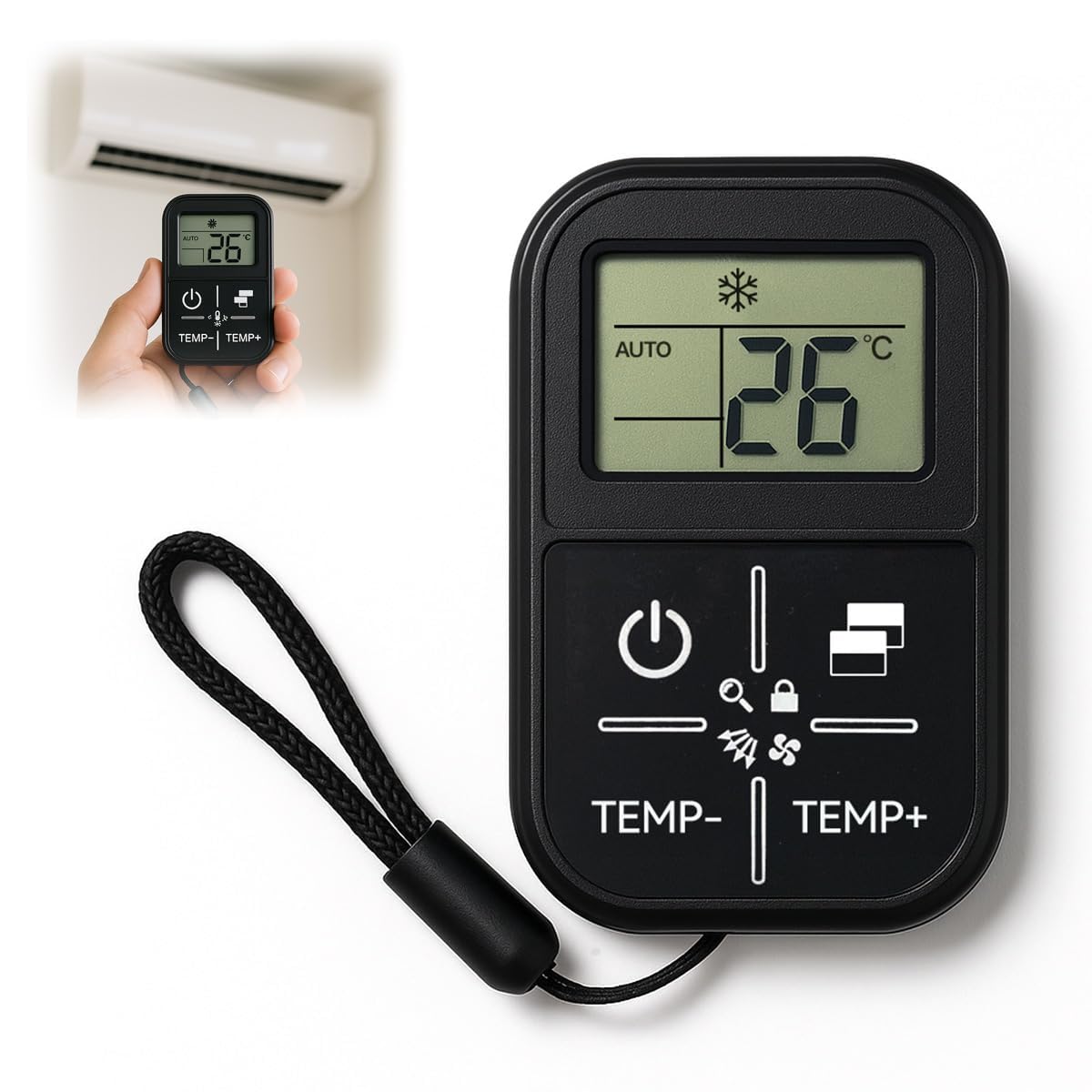 Universal Mini Air Conditioner Remote Control with LCD Display, Infrared Wireless Temperature Controller, Portable Compact Design, Auto Code Search Function, Black