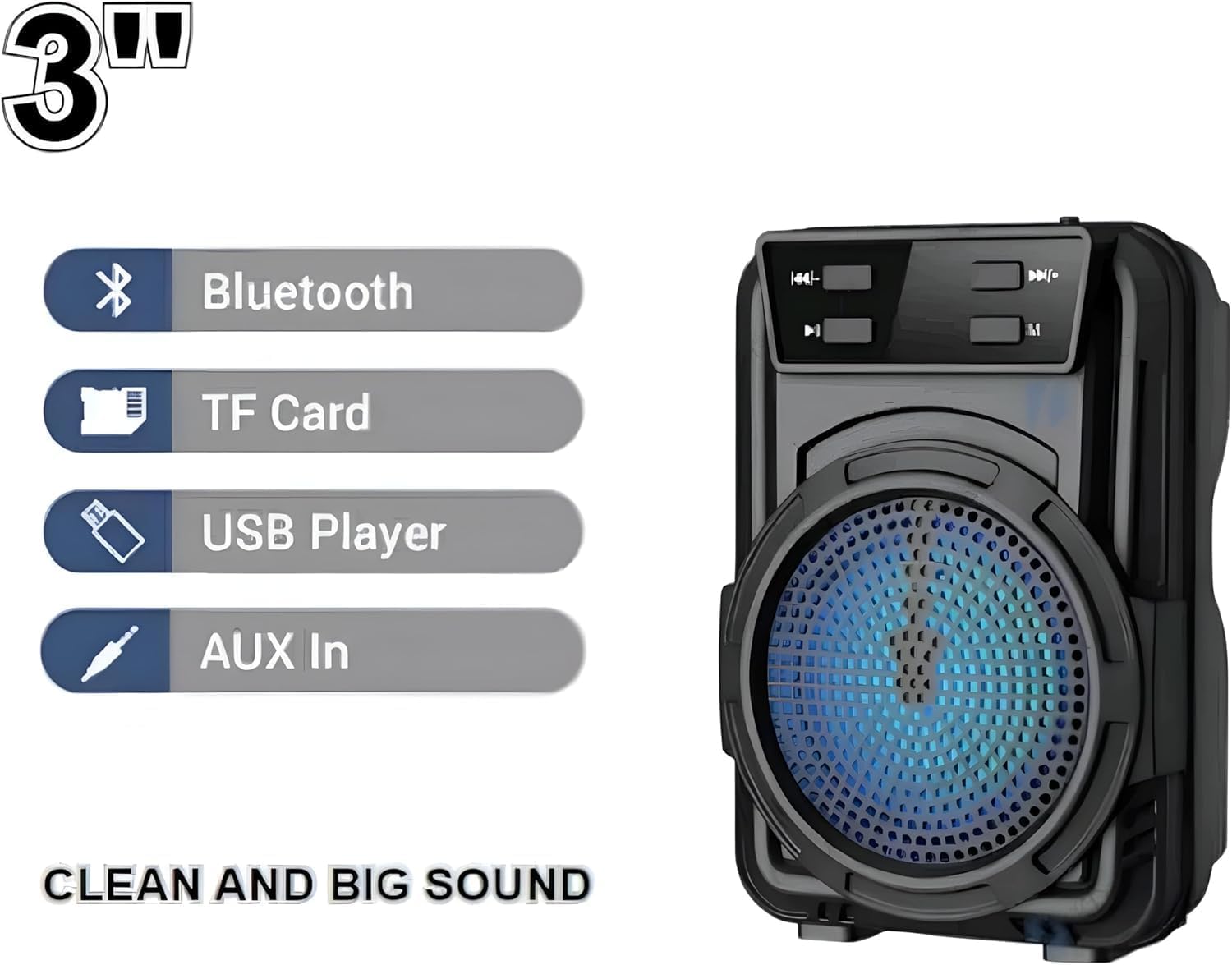 Portable Bluetooth Speaker with LED Lights, Wireless Speaker with USB, TF Card, AUX Input, FM Radio, Rechargeable Battery, Carry Handle and Phone Holder, 3W Sound Output
