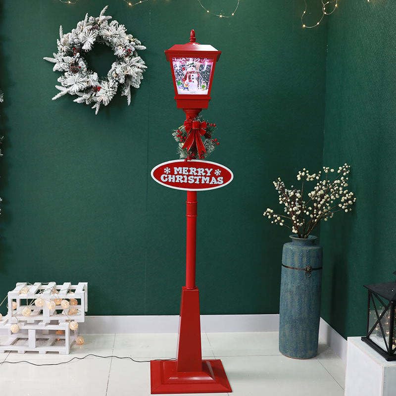 Christmas Musical Lamp Post, LED Illuminated Snowman Street Light with 25 Melodies, Indoor Outdoor Decorative Red Lantern, 180cm Height, Rainproof Design