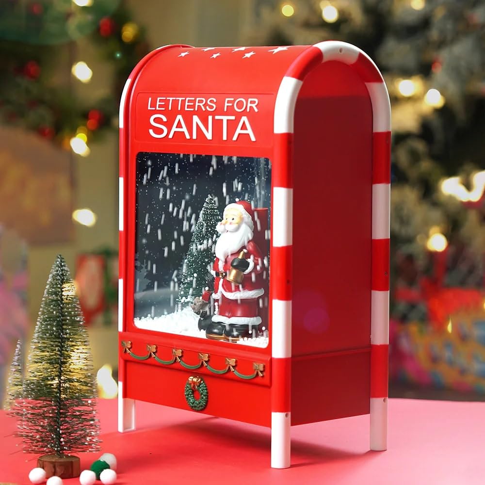 Christmas Musical Santa Mailbox Lamp with Snowfall Effect, Red Decorative Light Box, Battery & USB Operated, Two Modes with Sound, Holiday Decor for Home, 40.5 x 25.5 x 15 cm