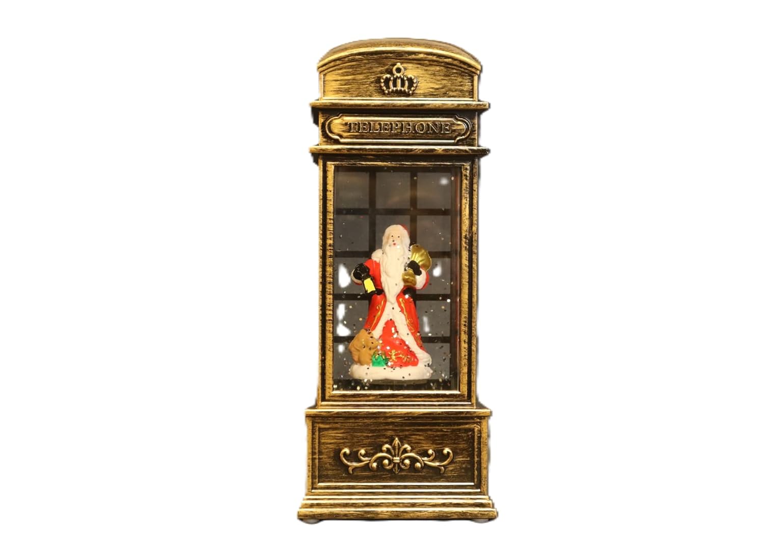 Vintage Christmas Musical Telephone Booth Snow Globe with Santa Figure, LED Lights, Bronze Metallic Finish, 19x6 cm Decorative Holiday Display