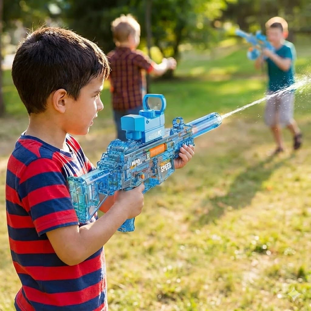 Electric Water Blaster Gun with Rapid Fire, Long Range Motorized Water Gun, Blue Transparent Design with Red Dot Sight and Drum Magazine, Outdoor Water Battle Toy