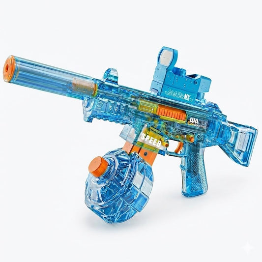 Electric Water Blaster Gun with Rapid Fire, Long Range Motorized Water Gun, Blue Transparent Design with Red Dot Sight and Drum Magazine, Outdoor Water Battle Toy