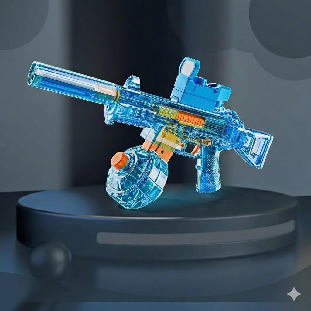 Electric Water Blaster Gun with Rapid Fire, Long Range Motorized Water Gun, Blue Transparent Design with Red Dot Sight and Drum Magazine, Outdoor Water Battle Toy