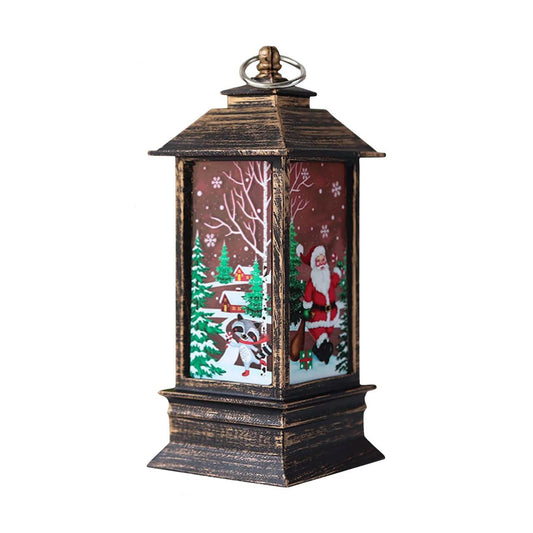 Vintage Christmas Lantern, Battery Operated, Bronze Finish, Santa and Snow Scene Design, 12.5 cm Height, Indoor Decorative Light