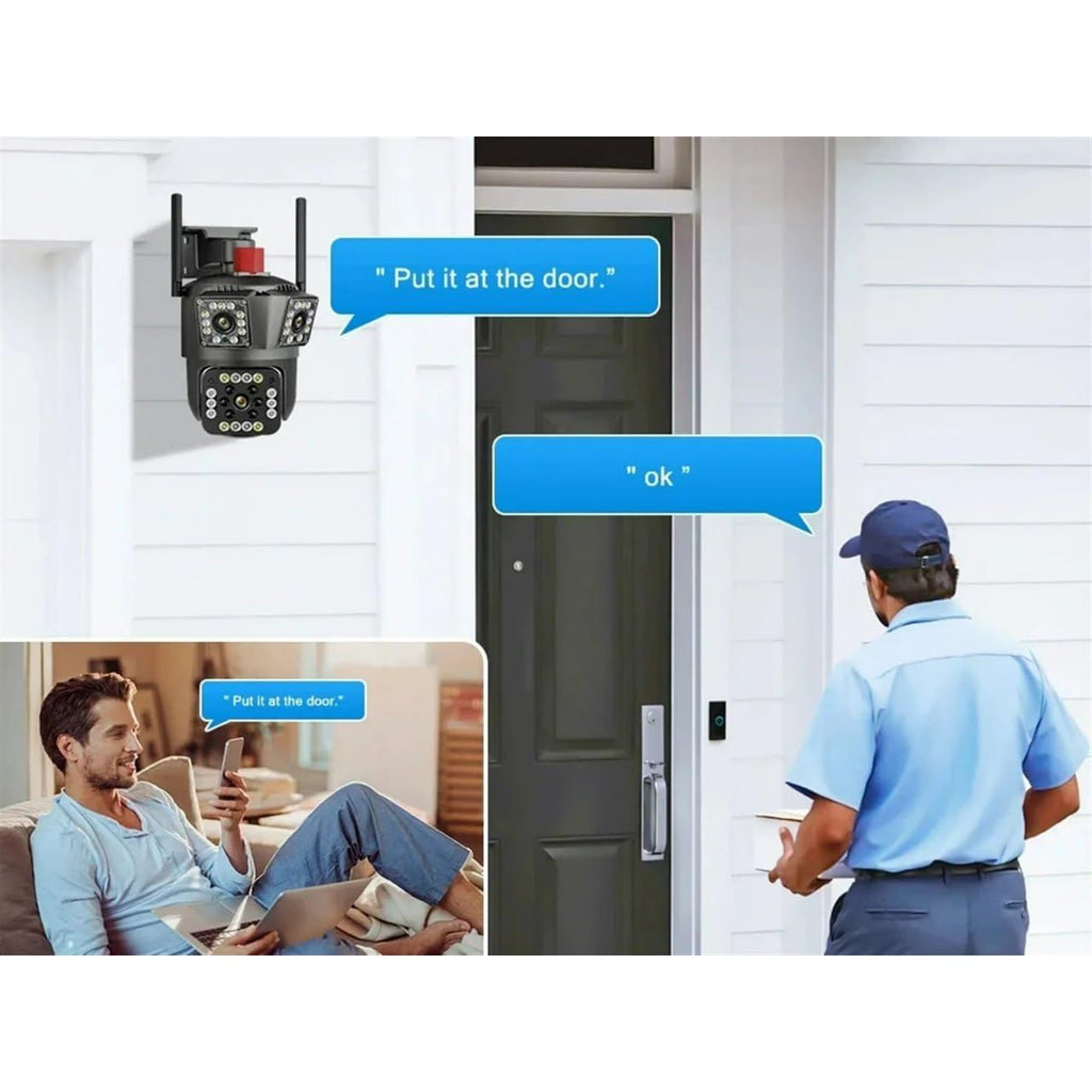 Three Lens Outdoor WiFi Security Camera, HD 12MP PTZ with 360° Coverage, Motion Detection, Night Vision, Two-Way Audio, Cloud Storage, Multi-User Access, IP66 Waterproof