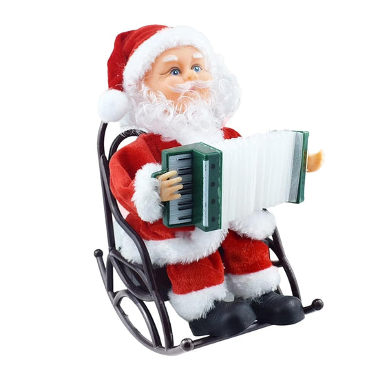 Musical Accordion Santa Claus Figurine, Christmas Decoration, Red and White, Plastic and Fabric, 24Cms, Rocking Chair Design, Plays Christmas Music