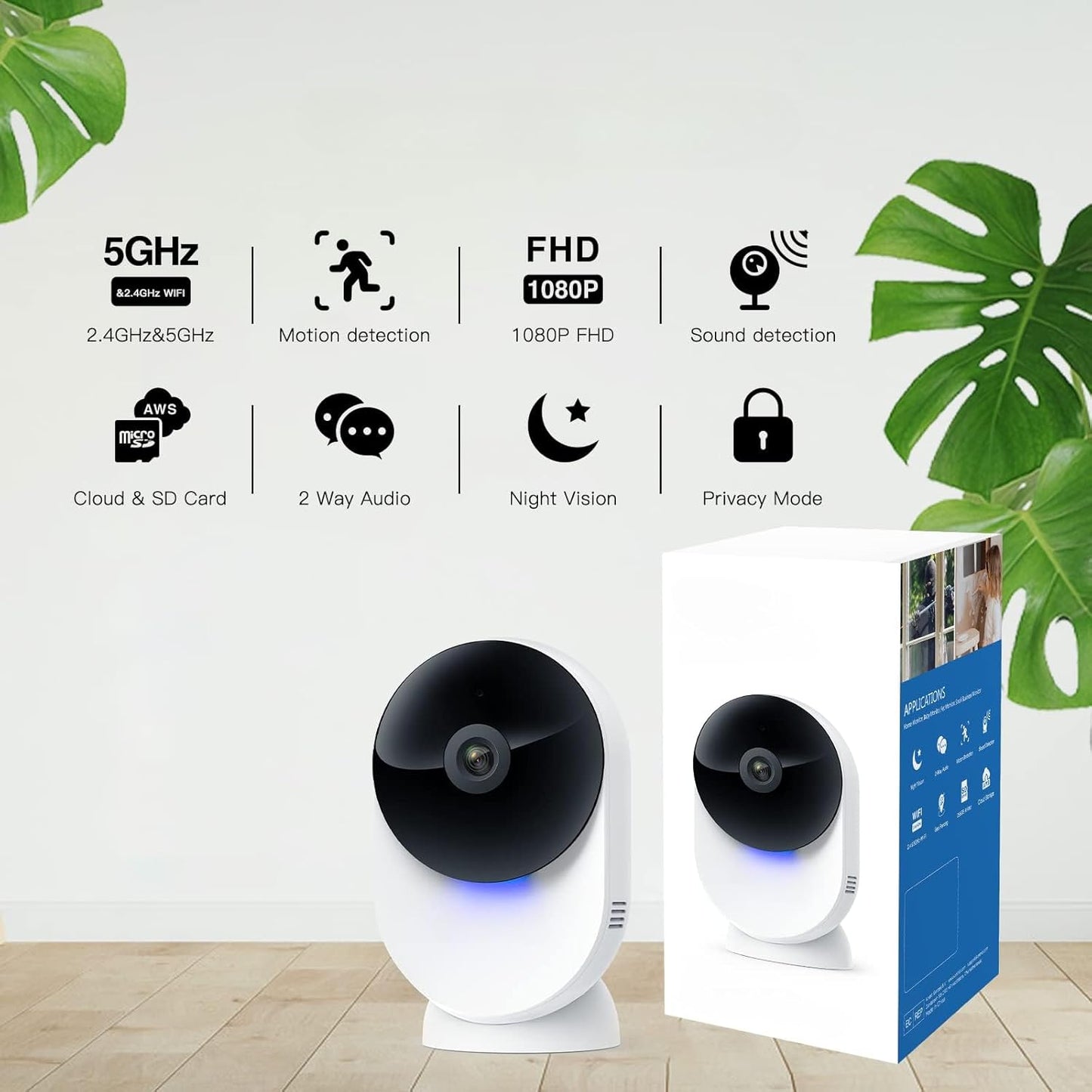 5G MiniCam Smart Indoor Security Camera, 1080P Full HD, Dual WiFi Band 2.4GHz & 5GHz, Motion Detection, Night Vision, Two-Way Audio, Cloud & SD Card Storage, Compatible with Alexa & Google Assistant