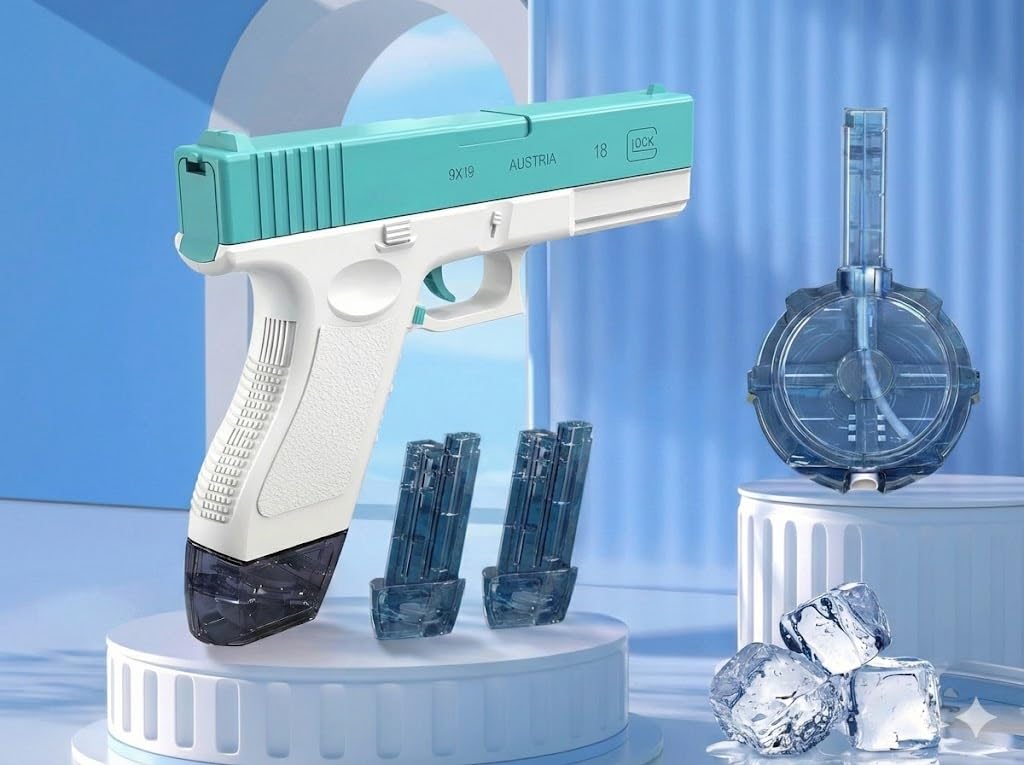 Electric Water Blaster Gun, Rechargeable Battery Powered, Automatic Continuous Spray, High Capacity Water Gun with Drum Magazine, Teal and White