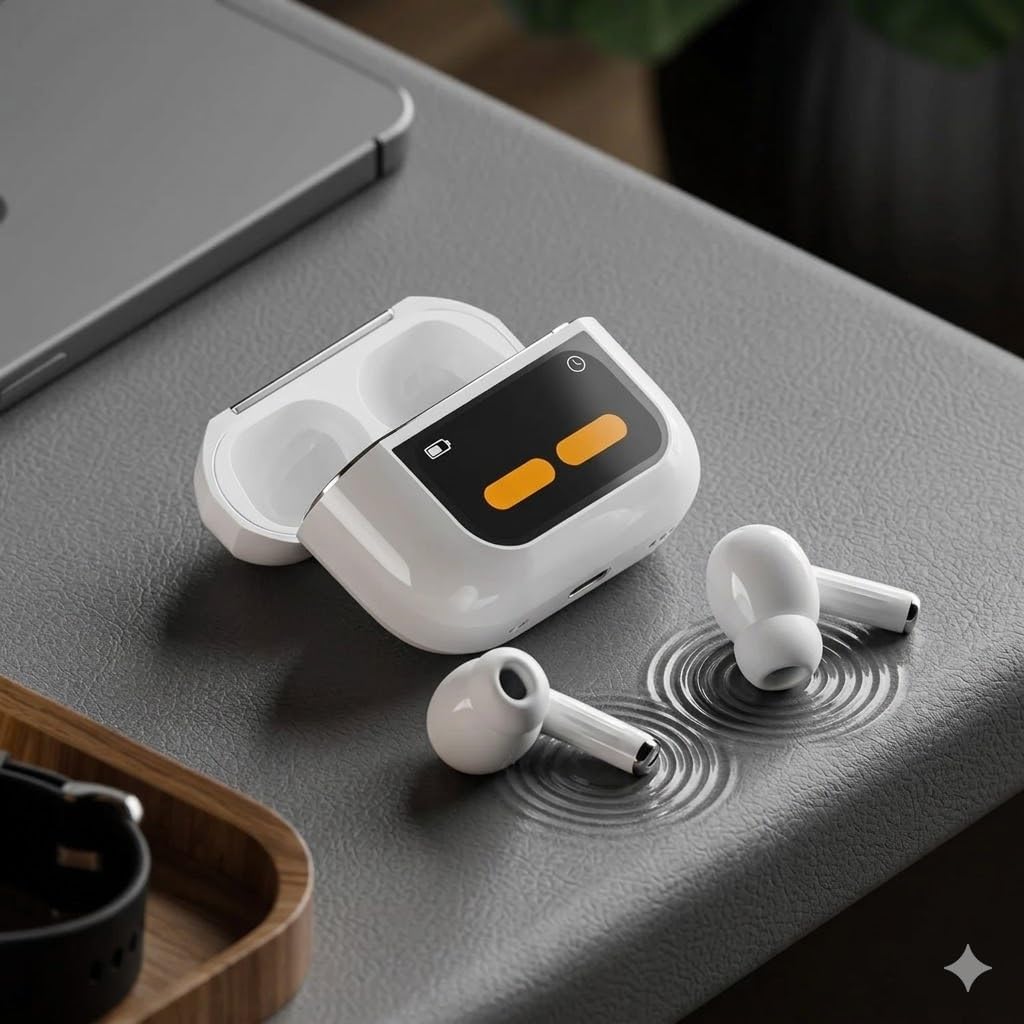 Smart Wireless Bluetooth Earbuds with ANC and ENC Noise Reduction, Touch Control, LED Display Charging Case, White