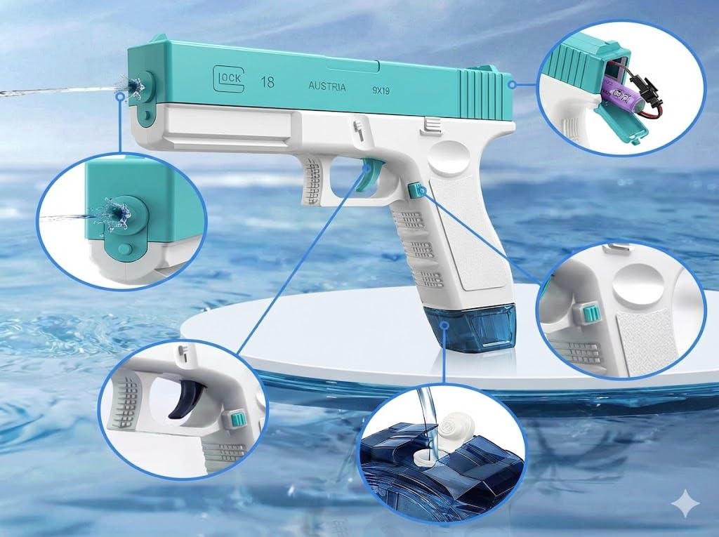 Electric Water Blaster Gun, Rechargeable Battery Powered, Automatic Continuous Spray, High Capacity Water Gun with Drum Magazine, Teal and White