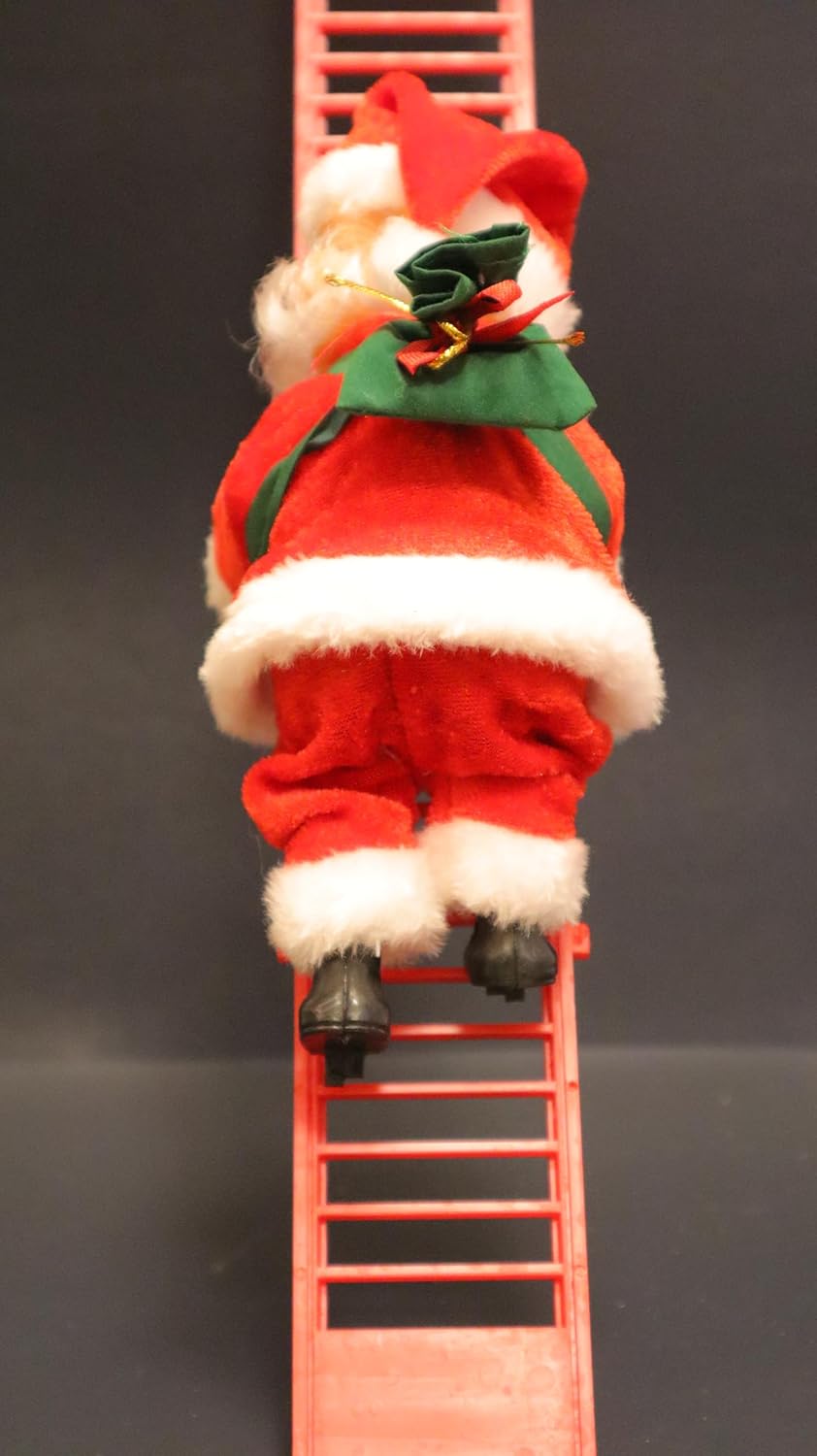 Electric Climbing Santa Claus on Ladder, Musical Christmas Decoration with Up and Down Movement, Battery Operated Holiday Figure with Gift Bag, 40cm Height