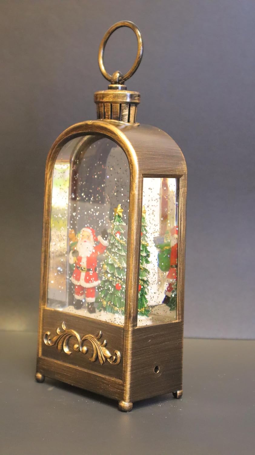 Vintage Christmas Musical Snow Globe Lantern, Bronze Antique Style with LED Lights and Santa Scene, 24 x 6 cm Decorative Holiday Display