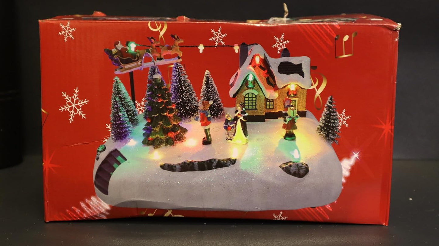 Christmas Village LED Musical Scene, 15 x 14 cm Illuminated Winter Display with Rotating Reindeer, Snow-Covered House, Christmas Trees, Holiday Figurines