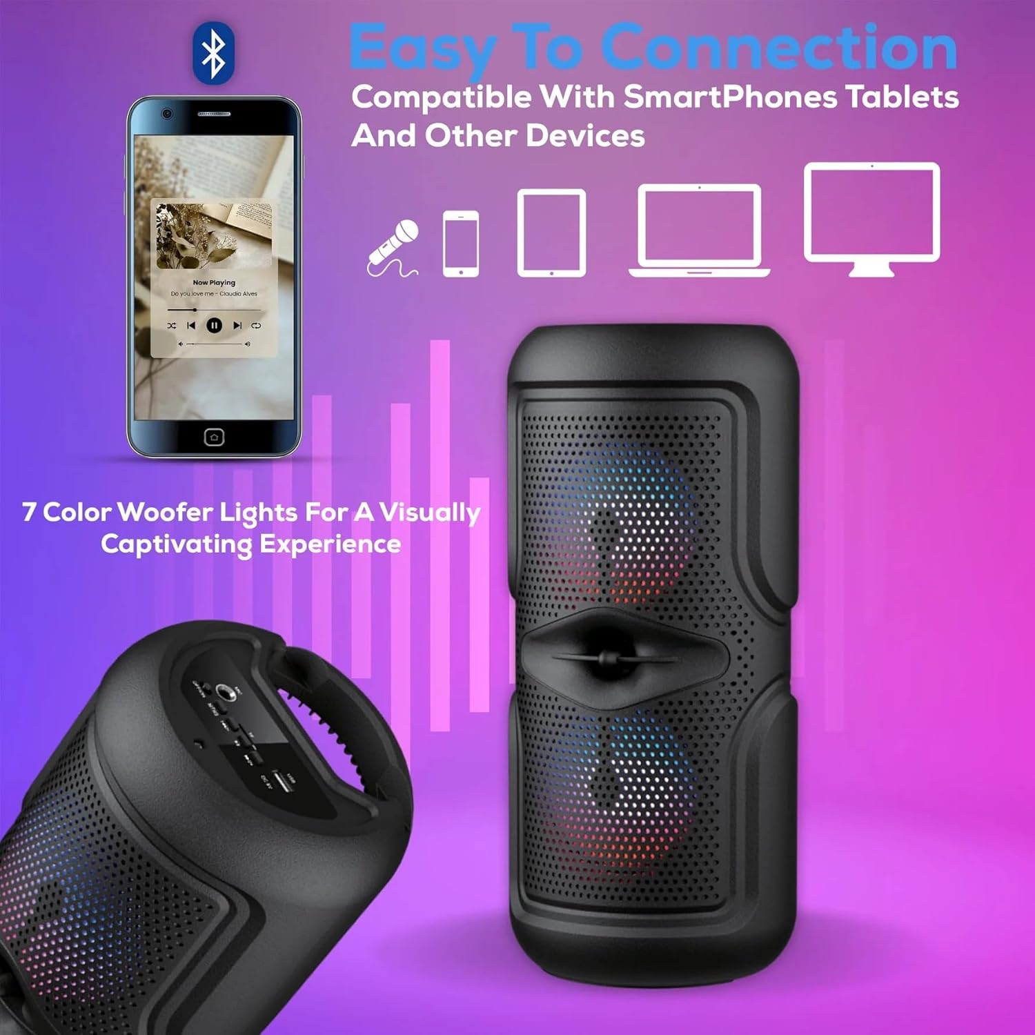 Portable Bluetooth Speaker with Dual 4 Inch Woofers, RGB LED Lights, 1200mAh Rechargeable Battery, USB/TF Card/FM Radio/AUX Input, Compact Design for Parties and Outdoor Events