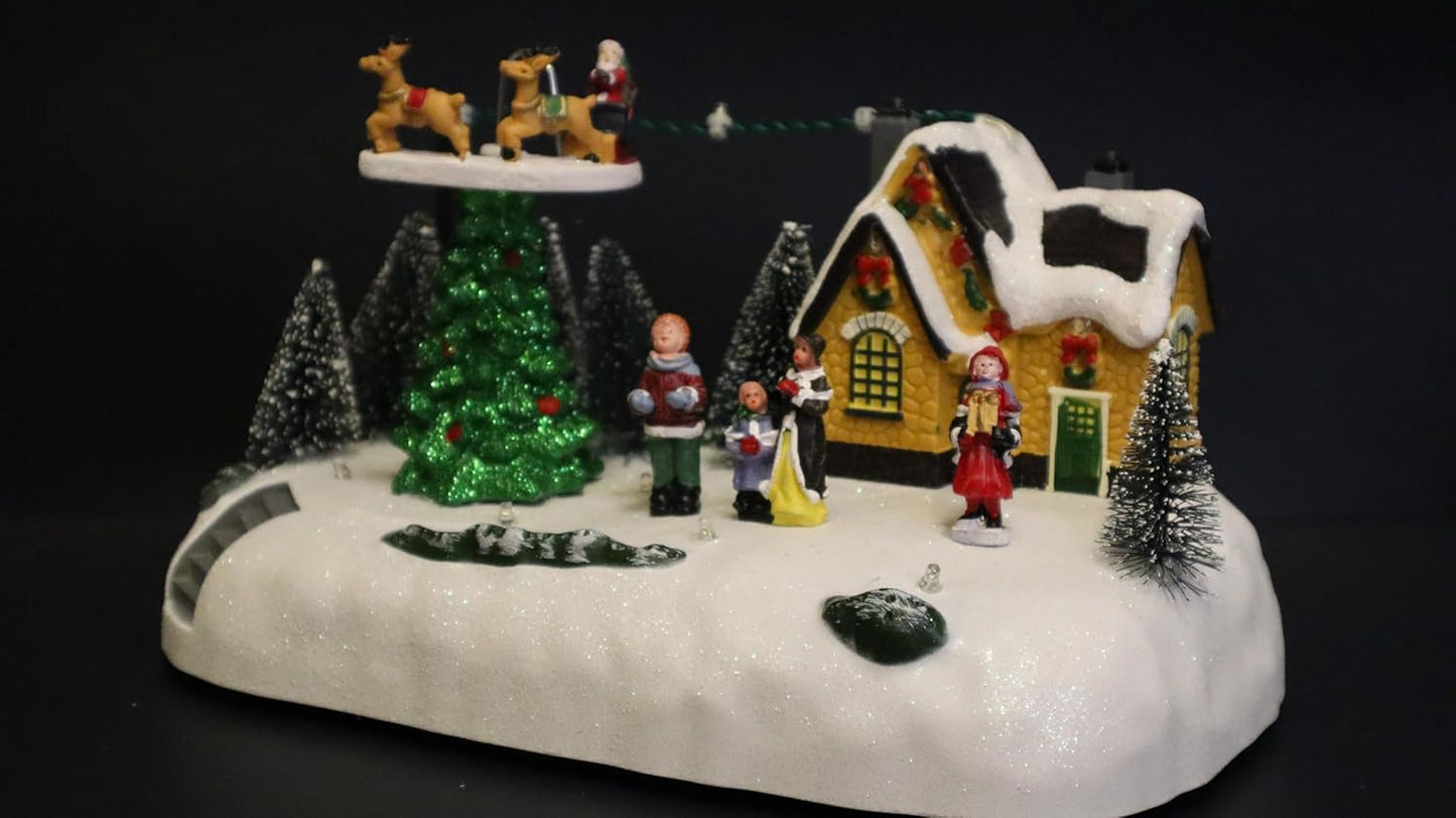 Christmas Village LED Musical Scene, 15 x 14 cm Illuminated Winter Display with Rotating Reindeer, Snow-Covered House, Christmas Trees, Holiday Figurines