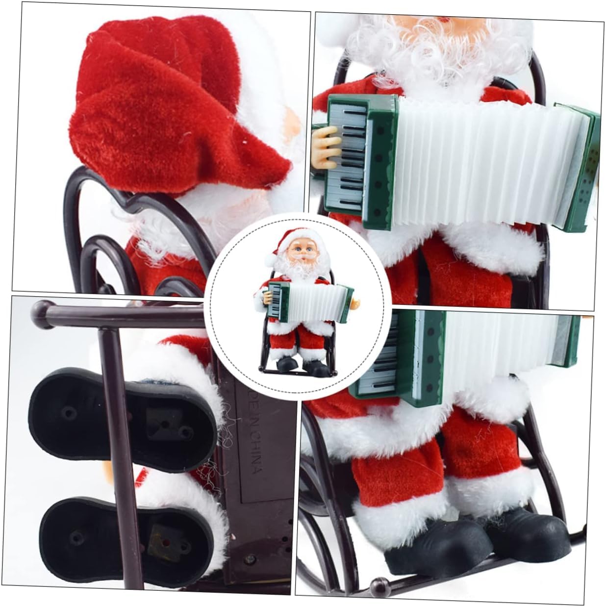 Musical Accordion Santa Claus Figurine, Christmas Decoration, Red and White, Plastic and Fabric, 24Cms, Rocking Chair Design, Plays Christmas Music