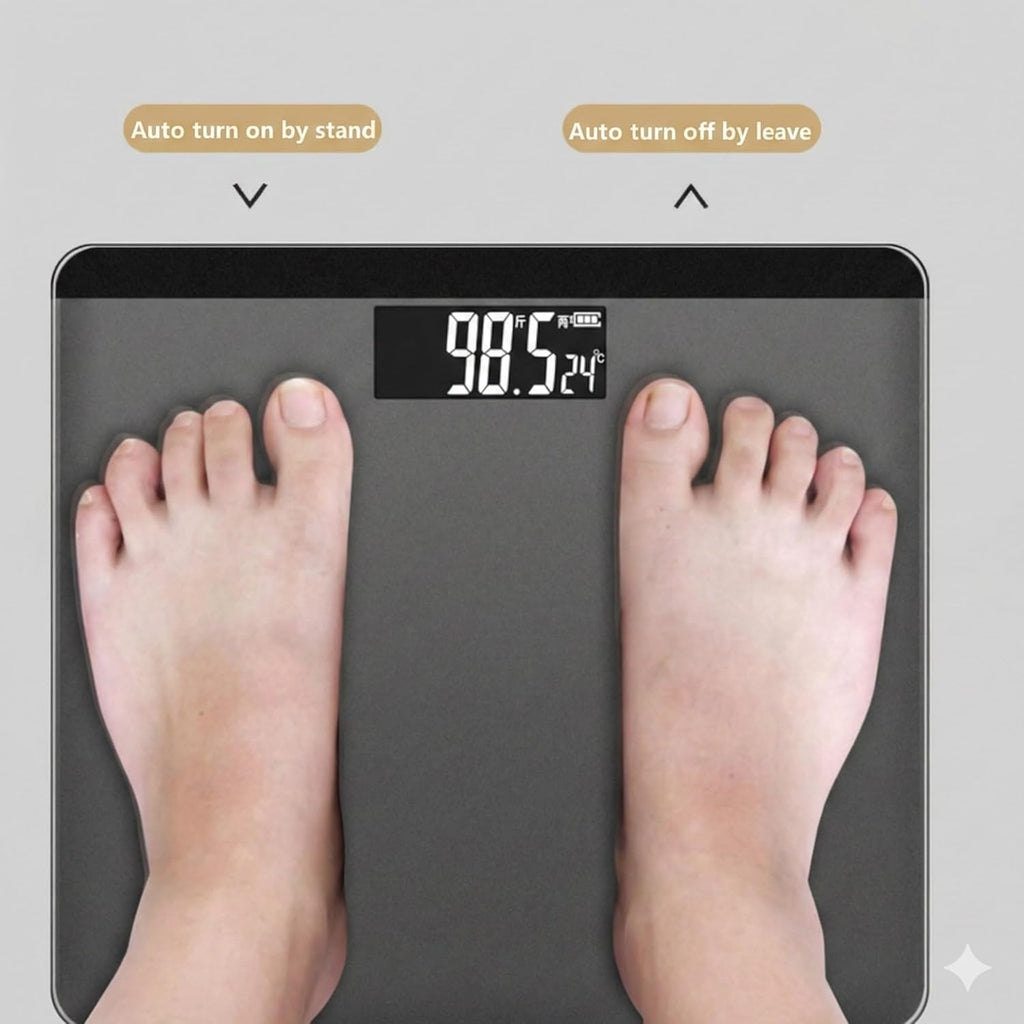 Digital Bathroom Scale with Auto On/Off, Tempered Glass, LCD Display, 180kg Capacity, 25x26cm, Grey