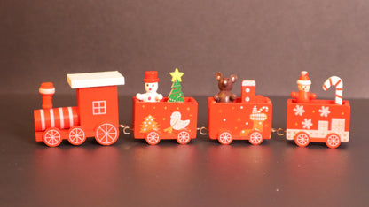 Wooden Christmas Train Decoration Set, Holiday Locomotive with Festive Characters, Red and White, 5-Car Design with Snowflakes and Christmas Tree Ornaments