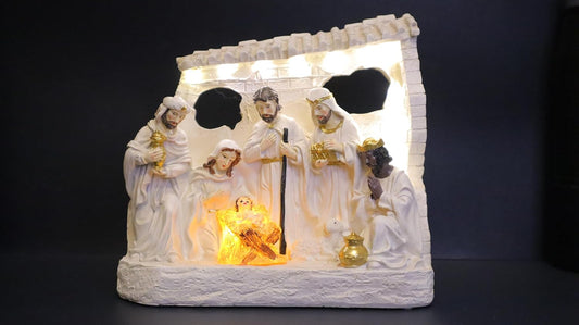LED Illuminated Nativity Scene Set, White Porcelain Christmas Decoration, Religious Holiday Display with Gold Accents, 8.5 x 9.5 Inch