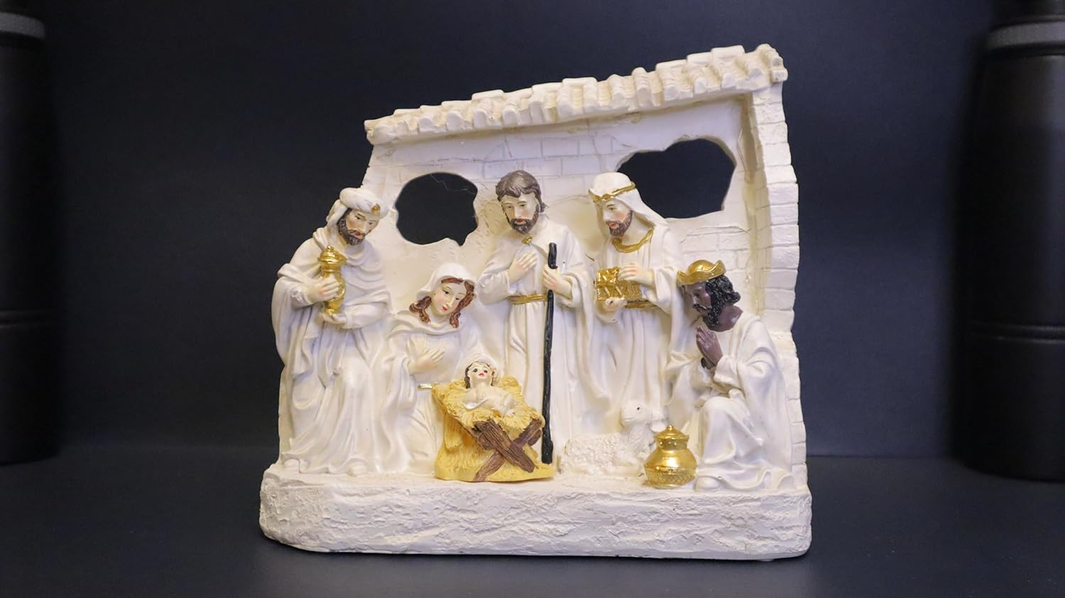 LED Illuminated Nativity Scene Set, White Porcelain Christmas Decoration, Religious Holiday Display with Gold Accents, 8.5 x 9.5 Inch