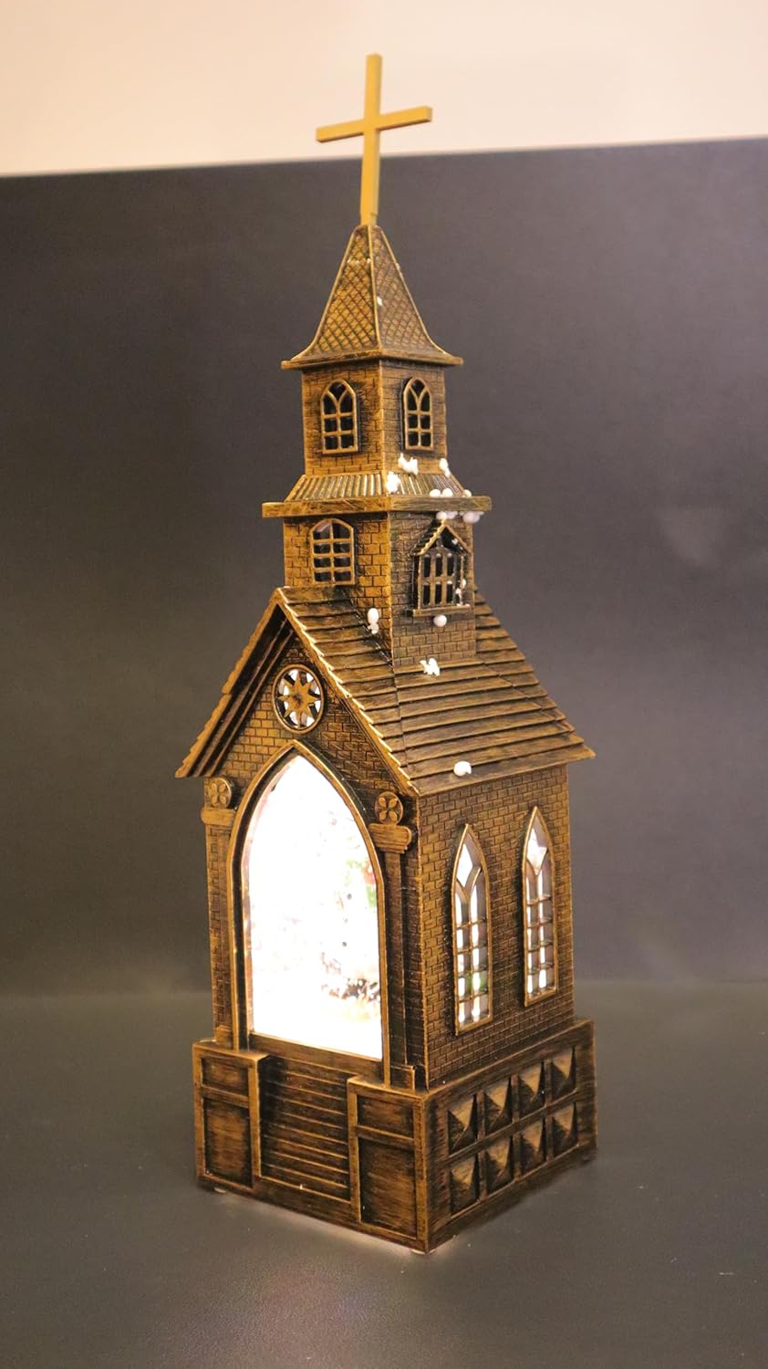 Christmas Church Snow Globe Lantern, Gothic Cathedral Design with Snowman Display, Bronze Finish, 28 x 8 cm, Religious Holiday Decor