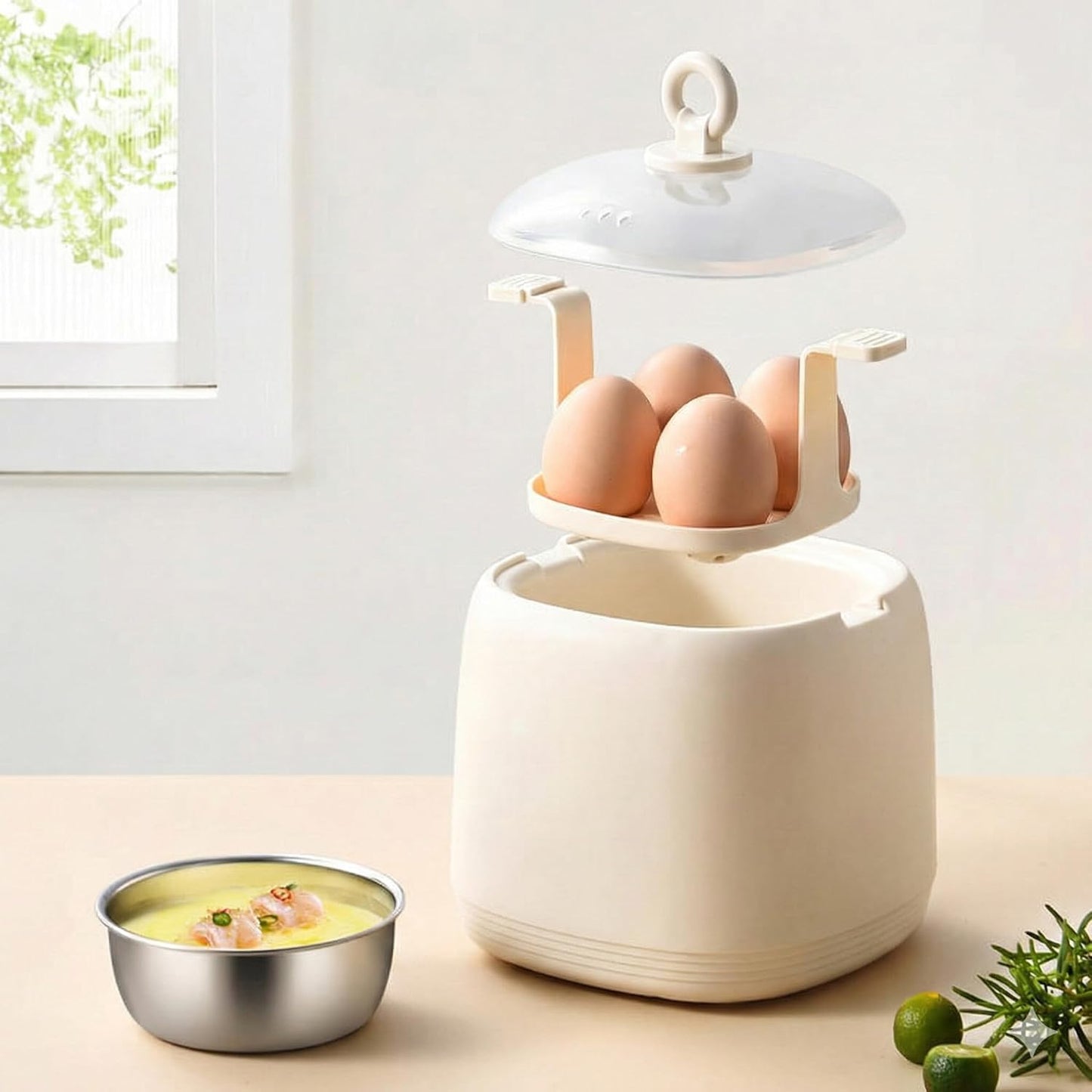 Smart Egg Cooker with Water-Insulated Technology, Compact Electric Egg Steamer, Beige, 1 Litre Capacity, Automatic Shutoff
