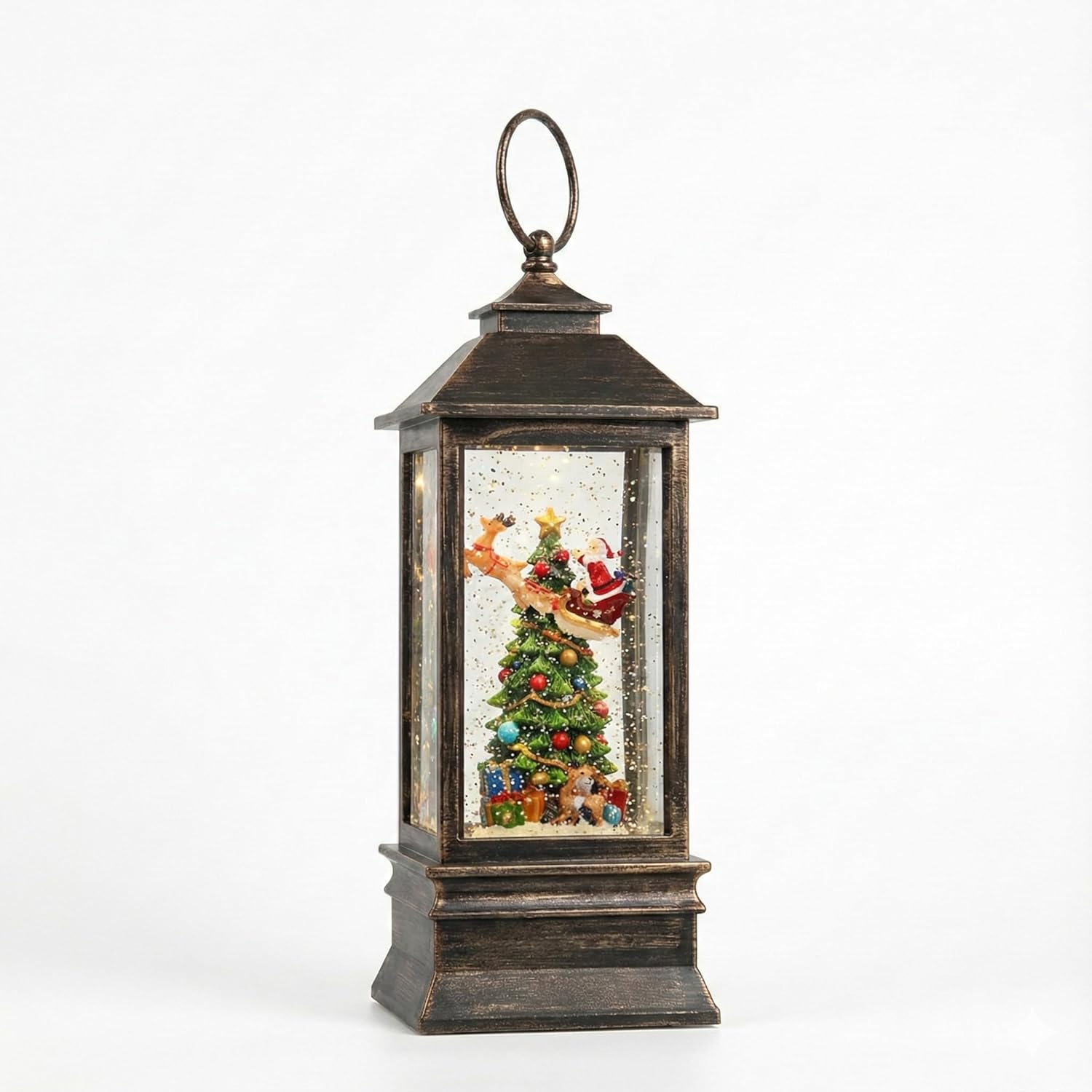 Christmas Snow Globe Lantern, Vintage Bronze LED Light with Santa and Tree Scene, Battery or USB Powered, Holiday Home Decoration